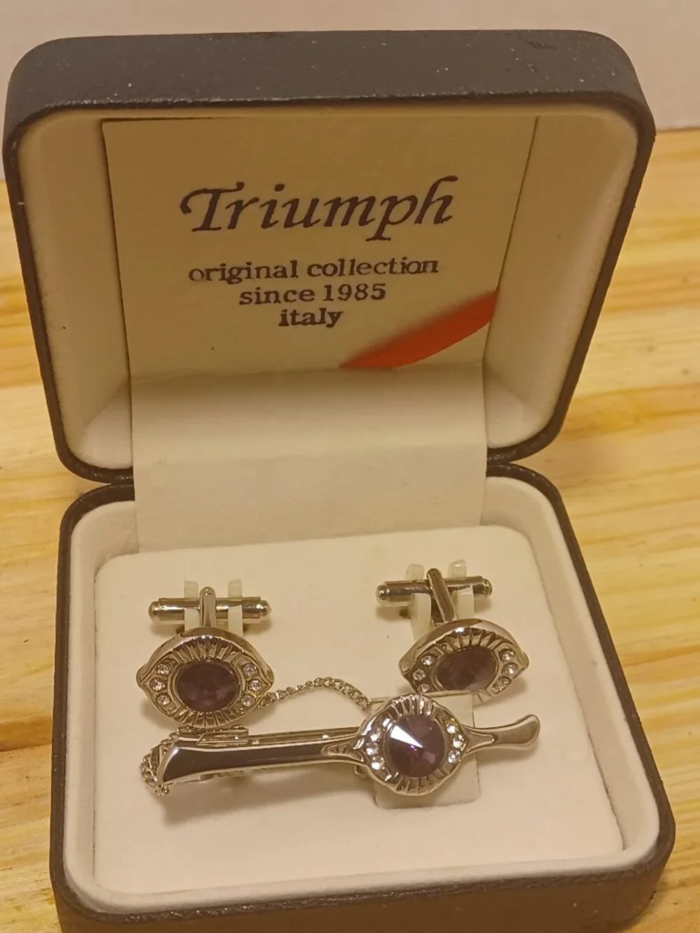 Vintage Glass and Rhinestones Cuff Links with Tie -Clip